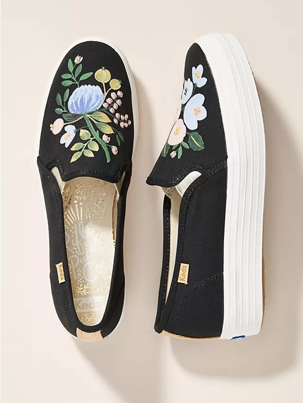Keds Rifle Paper Co Floral Slip-On Sneakers Black Canvas Women's 8.5